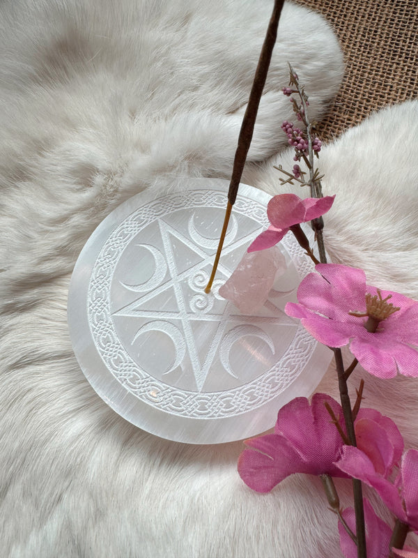 Selenite Moon And Pentacle Incense Holder