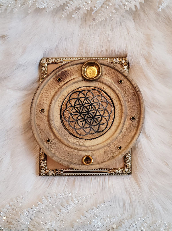 Round Wood Flower Of Life Incense Holder