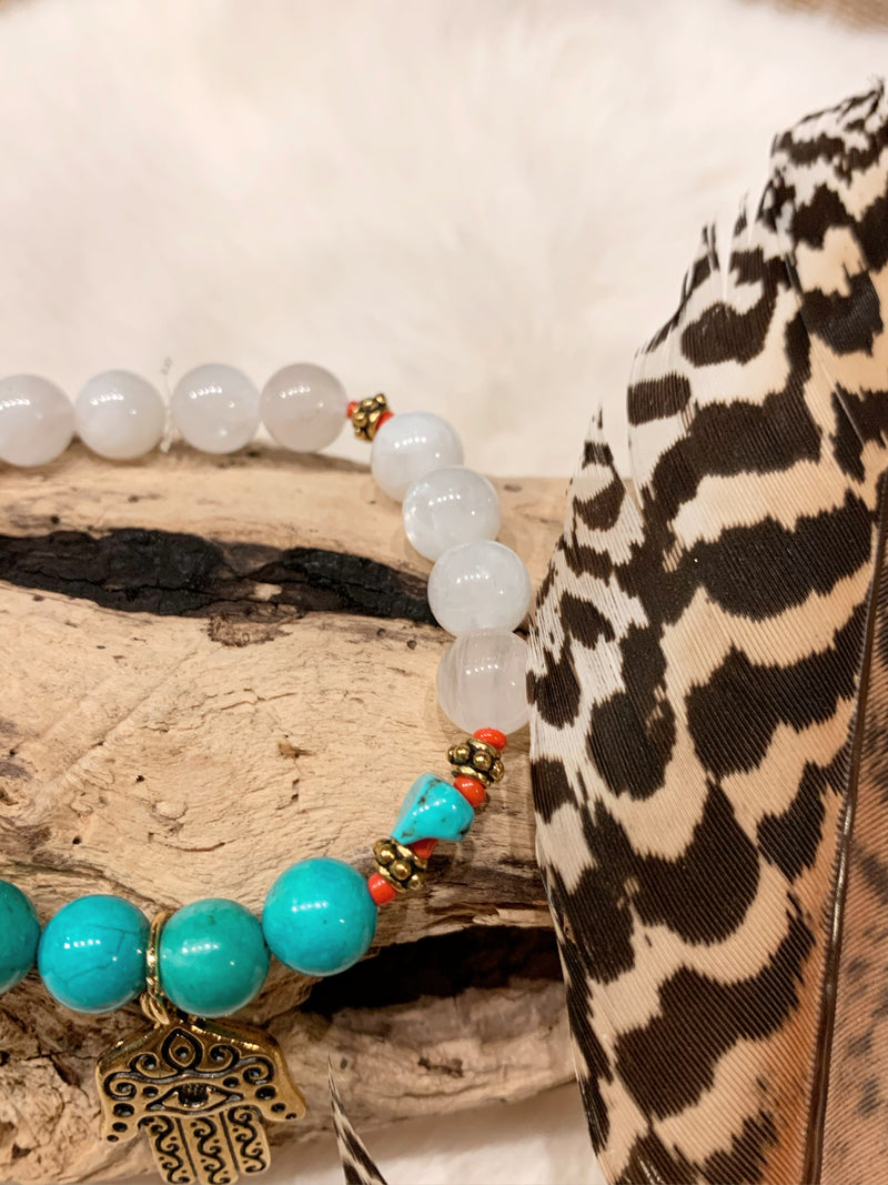 Turquoise and Moonstone Bracelet with Hamsa Hand