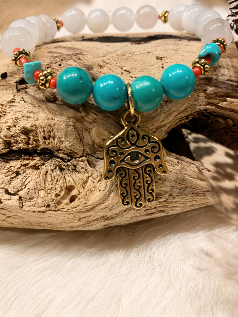 Turquoise and Moonstone Bracelet with Hamsa Hand