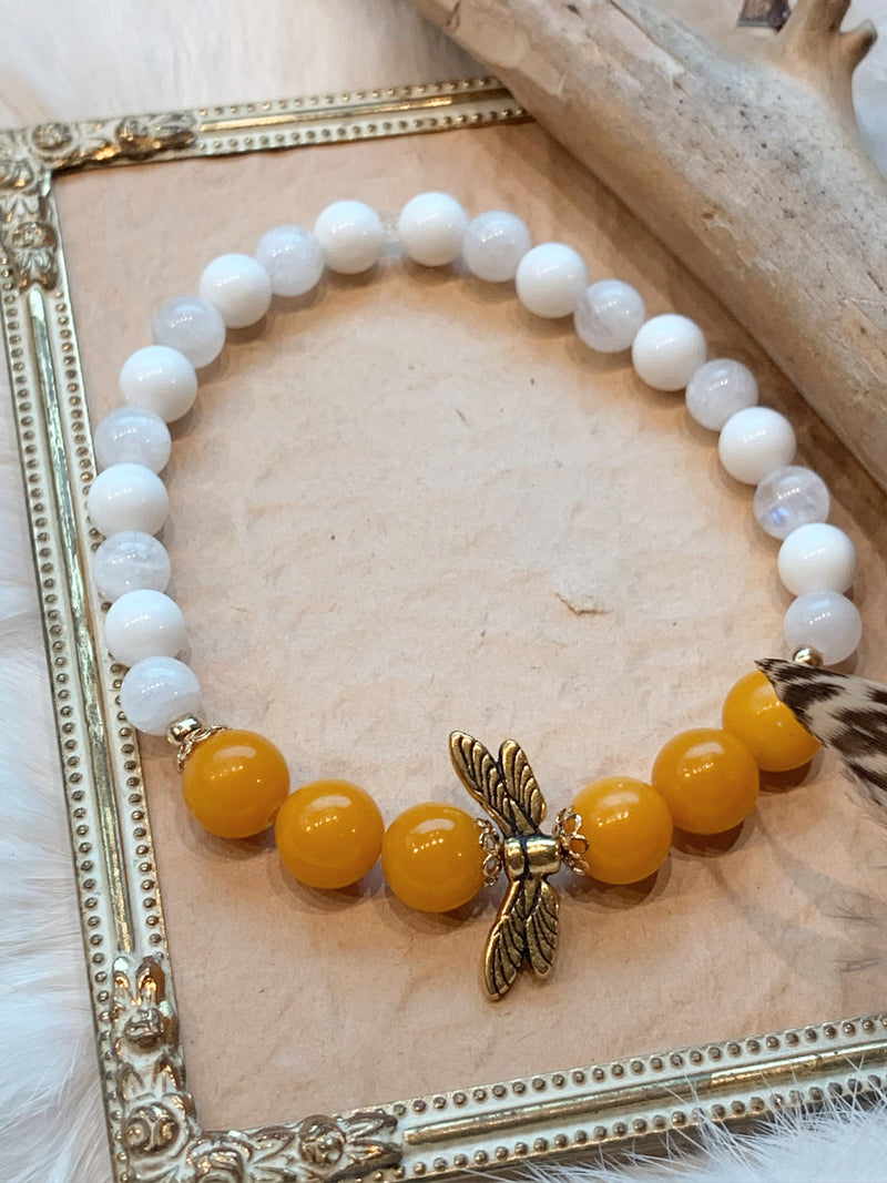 Dyed Yellow Jade, Moonstone, & Mother Of Pearl Bracelet