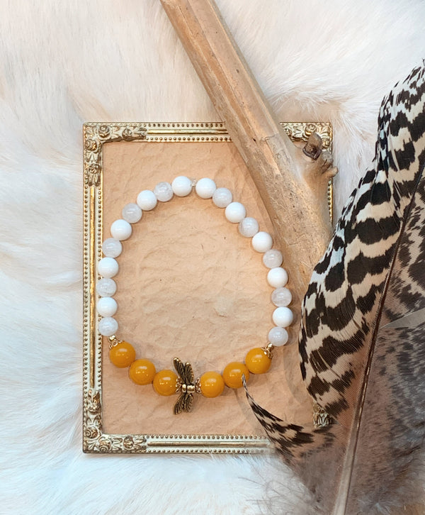 Dyed Yellow Jade, Moonstone, & Mother Of Pearl Bracelet